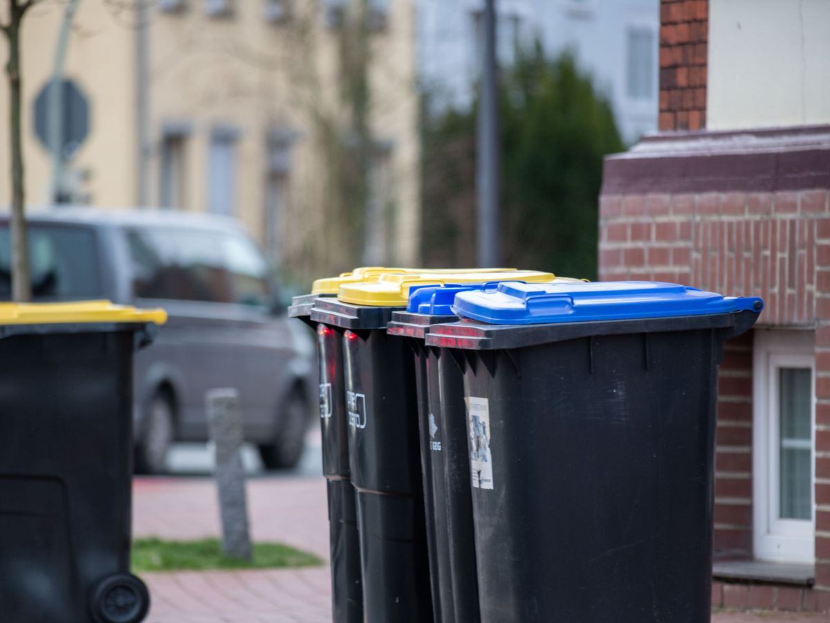 Restmüll-, Papier- und Wertstofftonnen am Straßenrand vor einer Wohnanlage in Bruchsal